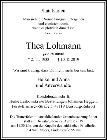Traueranzeige von Thea Lohmann von Rheinische Post