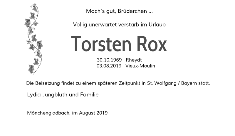  Traueranzeige für Torsten Rox vom 10.08.2019 aus Rheinische Post