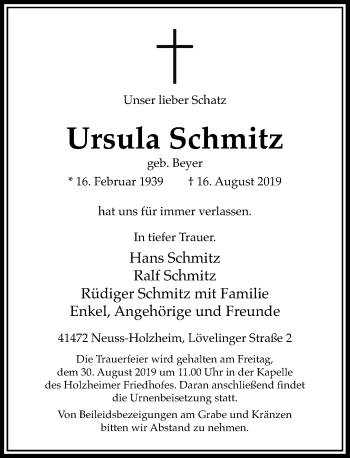 Traueranzeige von Ursula Schmitz von Rheinische Post