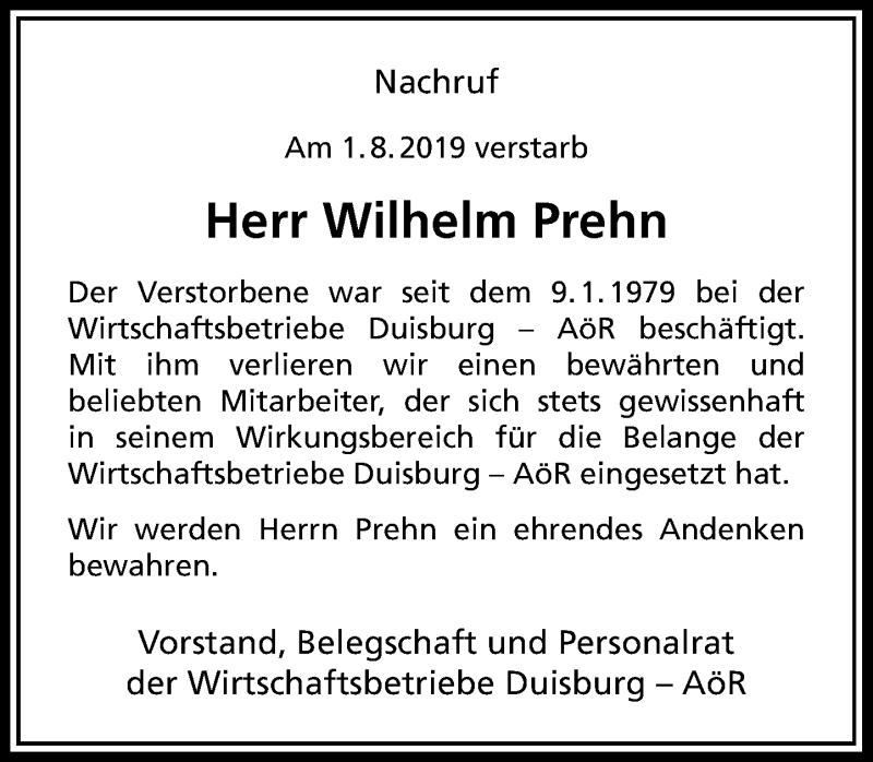  Traueranzeige für Wilhelm Prehn vom 13.08.2019 aus Rheinische Post