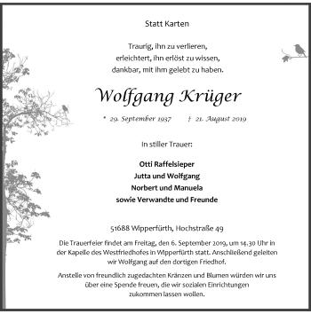 Traueranzeige von Wolfgang Krüger von Rheinische Post