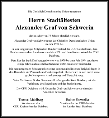 Traueranzeige von Alexander  Graf von Schwerin von Rheinische Post