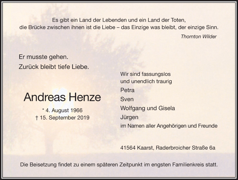  Traueranzeige für Andreas Henze vom 21.09.2019 aus Rheinische Post