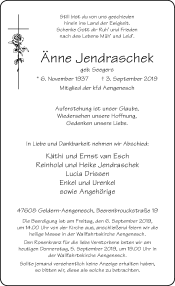 Traueranzeige von Anne Jendraschek von Rheinische Post