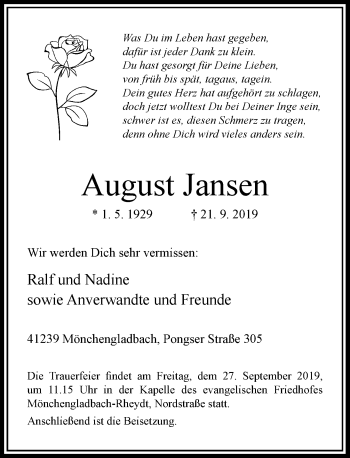 Traueranzeige von August Jansen von Rheinische Post