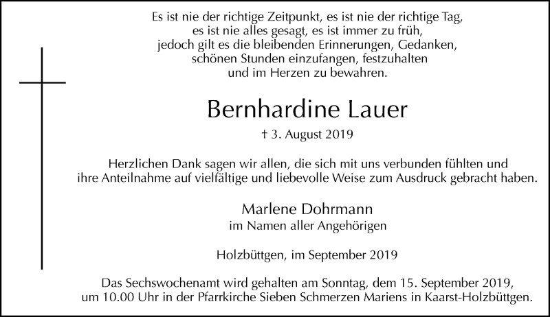  Traueranzeige für Bernhardine Lauer vom 07.09.2019 aus Rheinische Post