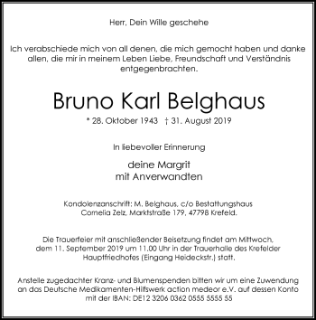 Traueranzeige von Bruno Karl Belghaus von Rheinische Post