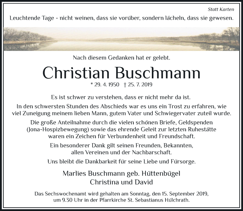  Traueranzeige für Christian Buschmann vom 07.09.2019 aus Rheinische Post