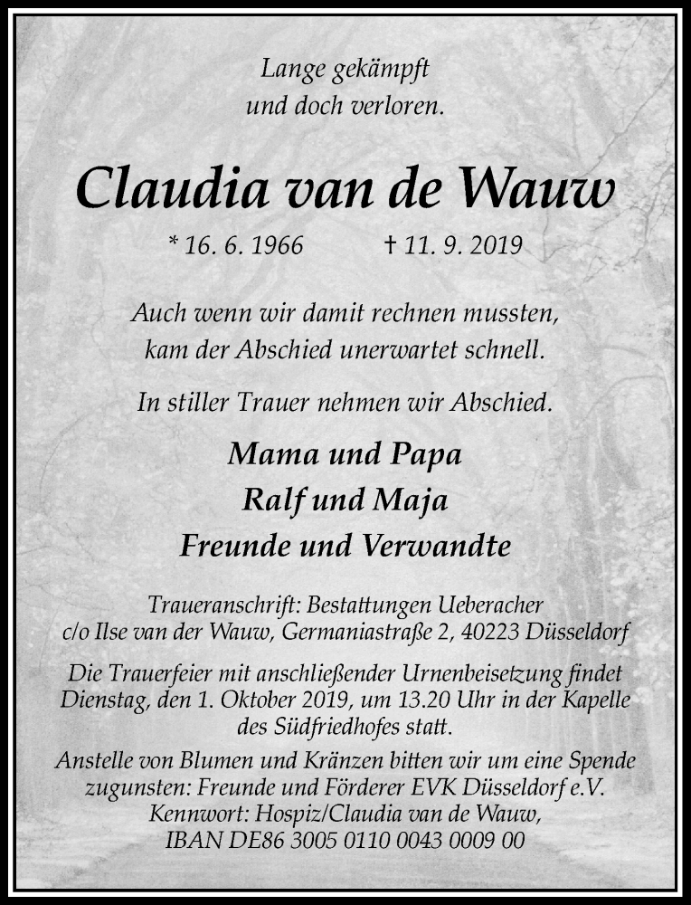  Traueranzeige für Claudia van de Wauw vom 21.09.2019 aus Rheinische Post