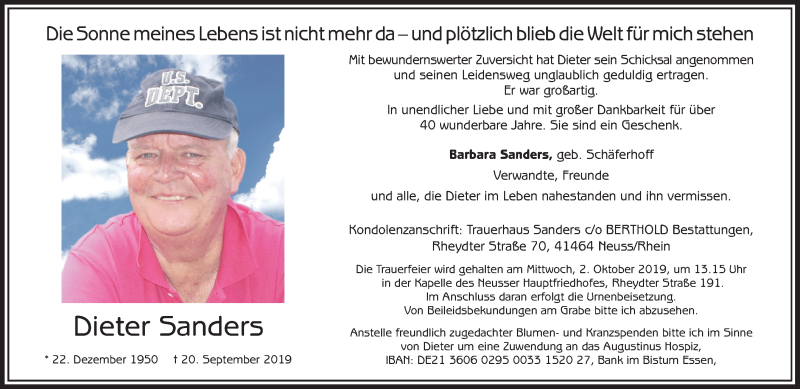  Traueranzeige für Dieter Sanders vom 28.09.2019 aus Rheinische Post