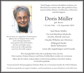 Traueranzeige von Doris Müller von Rheinische Post