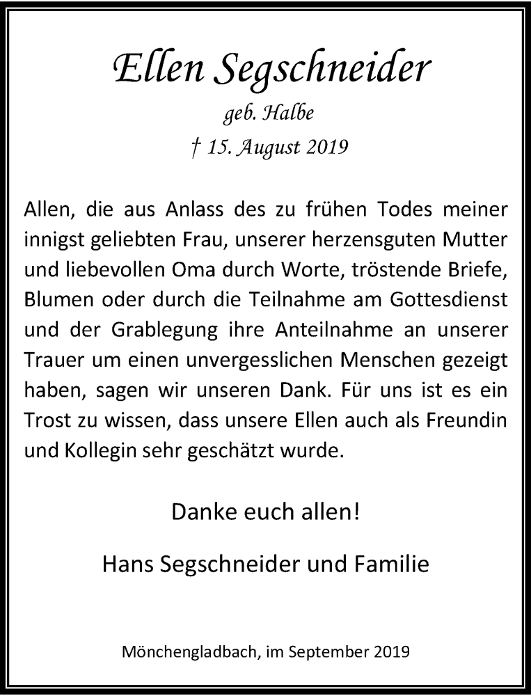  Traueranzeige für Elfen Segschneider vom 14.09.2019 aus Rheinische Post