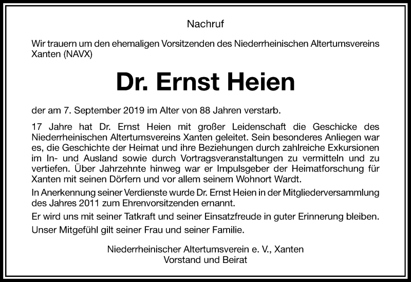  Traueranzeige für Ernst Heien vom 25.09.2019 aus Rheinische Post