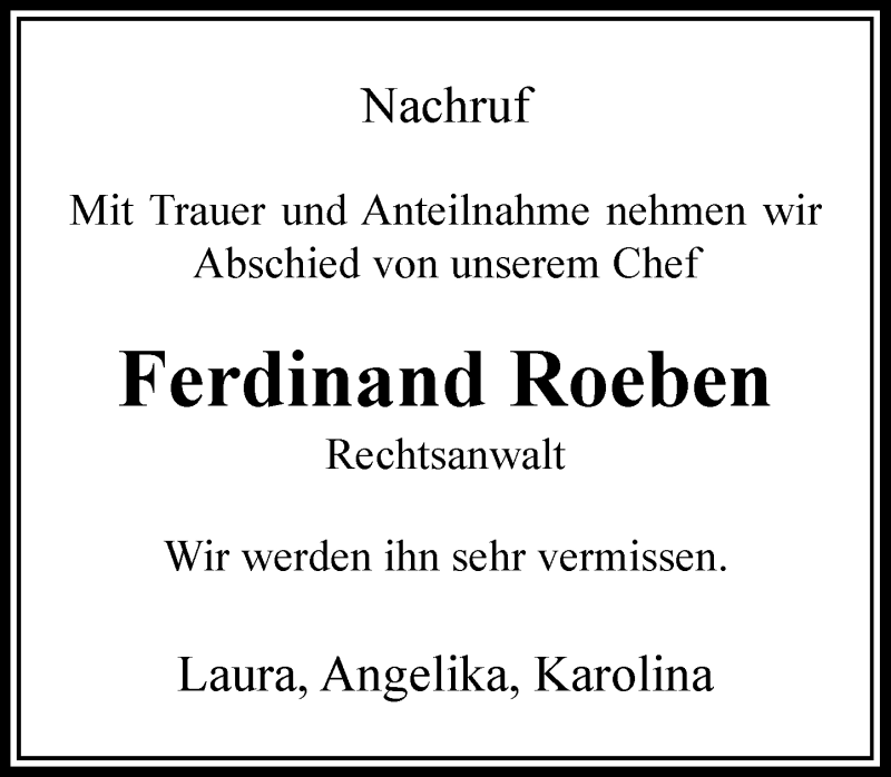  Traueranzeige für Ferdinand Roeben vom 07.09.2019 aus Rheinische Post