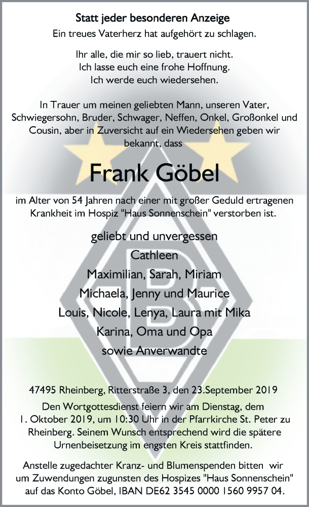  Traueranzeige für Frank Göbel vom 25.09.2019 aus Rheinische Post