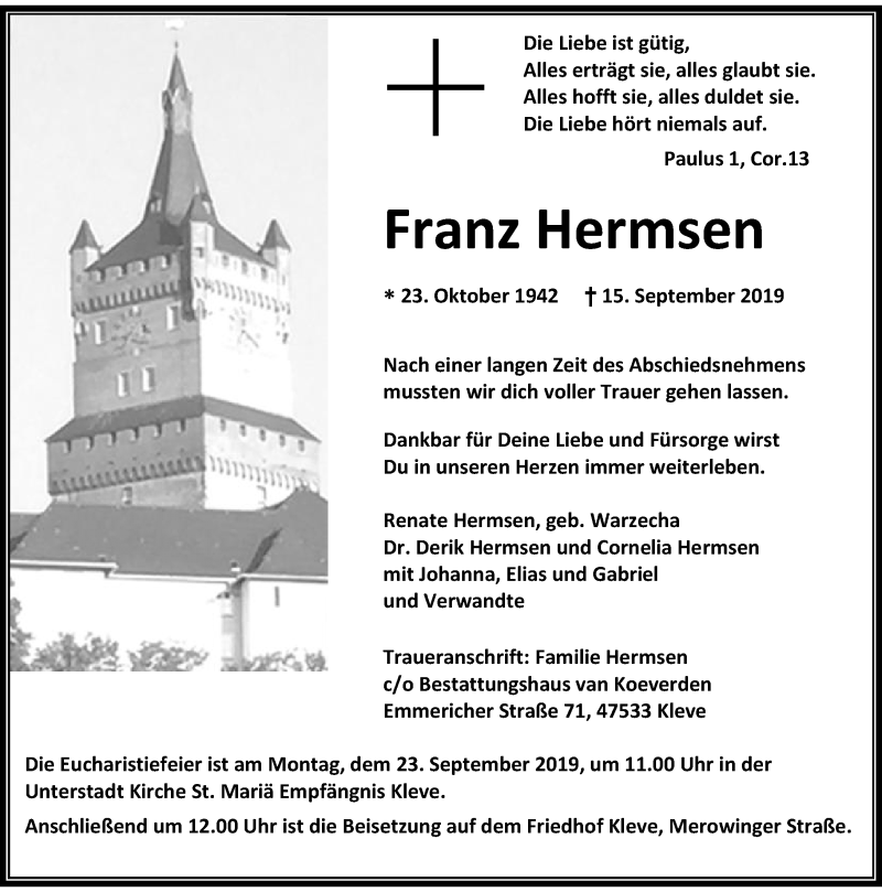  Traueranzeige für Franz Hermsen vom 18.09.2019 aus Rheinische Post