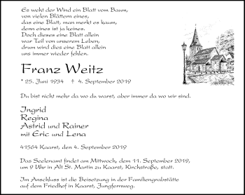 Traueranzeige von Franz Weitz von Rheinische Post