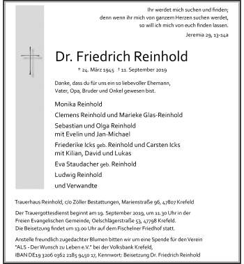 Traueranzeige von Friedrich Reinhold von Rheinische Post