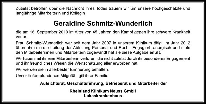  Traueranzeige für Geraldine Alice Schmitz-Wunderlich vom 28.09.2019 aus Rheinische Post