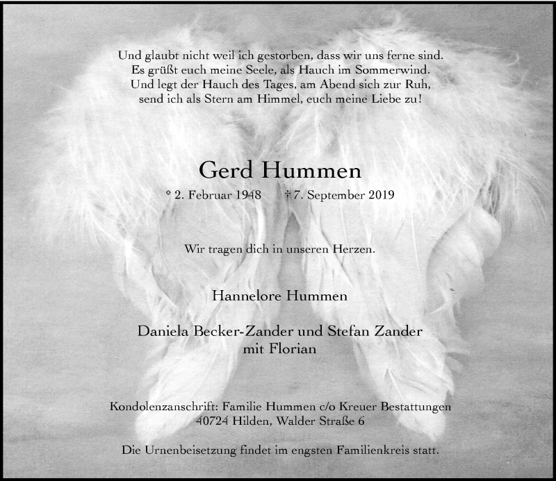  Traueranzeige für Gerd Hummen vom 14.09.2019 aus Rheinische Post
