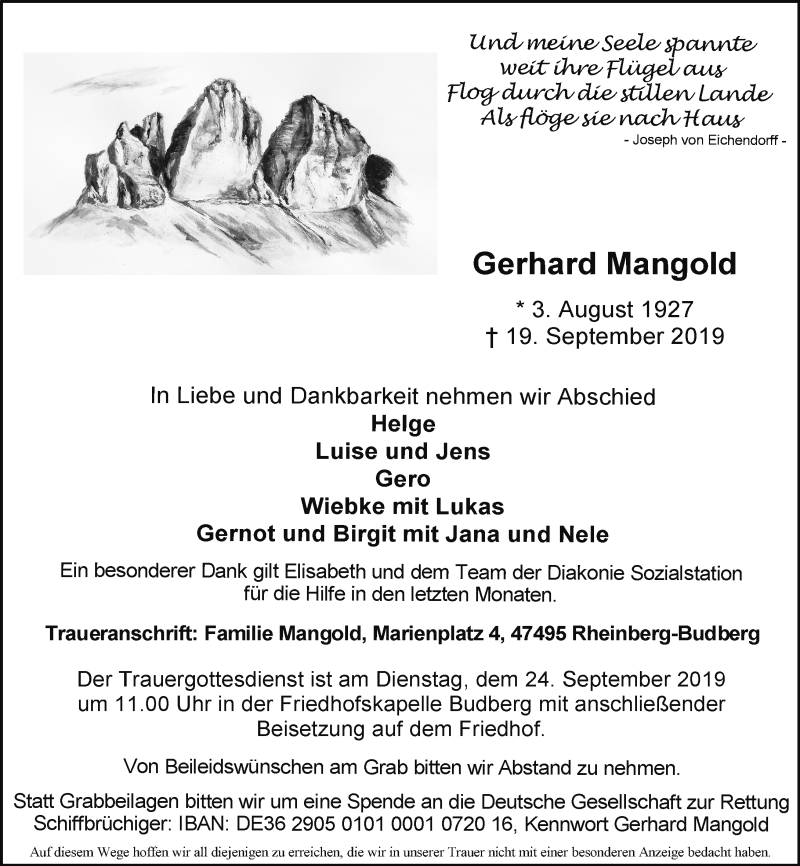  Traueranzeige für Gerhard Mangold vom 21.09.2019 aus Rheinische Post