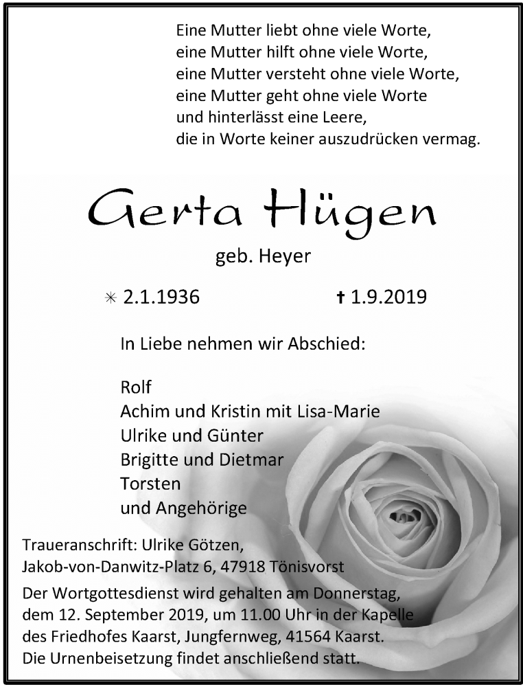  Traueranzeige für Gerta Hügen vom 07.09.2019 aus Rheinische Post