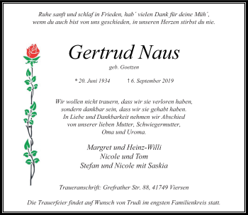 Traueranzeige von Gertrud Naus von Rheinische Post