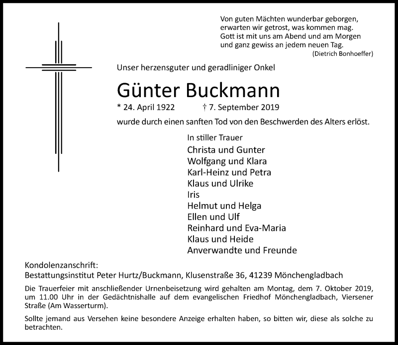  Traueranzeige für Günter Buckmann vom 28.09.2019 aus Rheinische Post