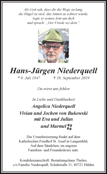 Traueranzeige von Hans-Jürgen Niederquell von Rheinische Post