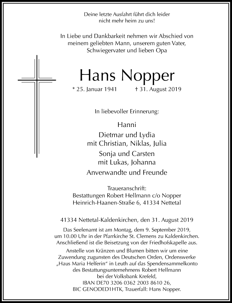  Traueranzeige für Hans Nopper vom 04.09.2019 aus Rheinische Post