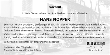 Traueranzeige von Hans Nopper von Rheinische Post