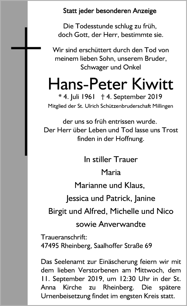  Traueranzeige für Hans-Peter Kiwitt vom 09.09.2019 aus Rheinische Post