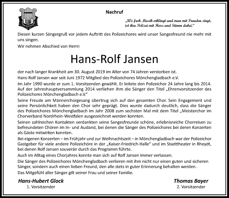  Traueranzeige für Hans-Rolf Jansen vom 21.09.2019 aus Rheinische Post