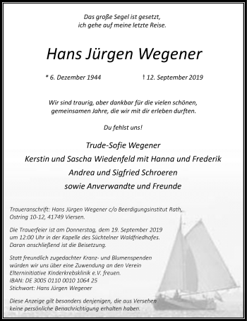 Traueranzeige von Hans Jürgen Wegener von Rheinische Post
