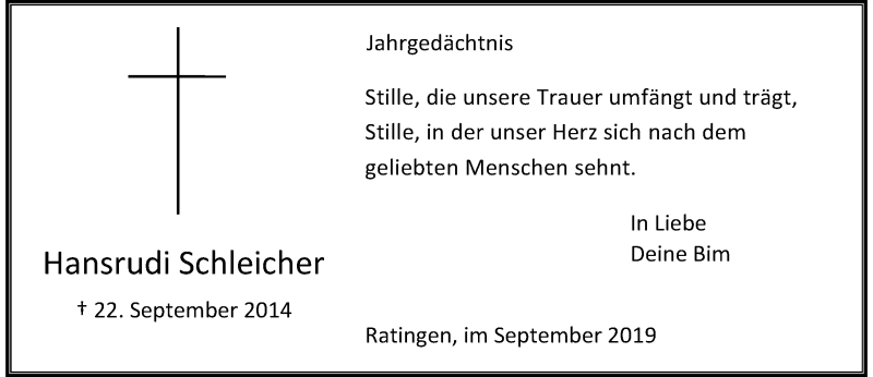  Traueranzeige für Hansrudi Schleicher vom 21.09.2019 aus Rheinische Post