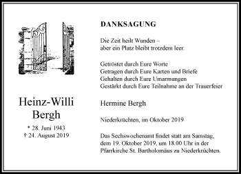 Traueranzeige von Heinz-Willi Bergh von Rheinische Post