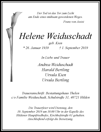 Traueranzeige von Helene Weiduschadt von Rheinische Post