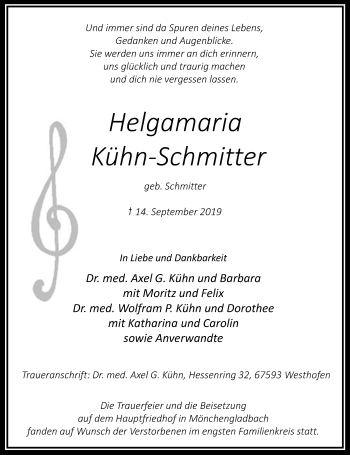 Traueranzeige von Helgamaria Kühn-Schmitter von Rheinische Post