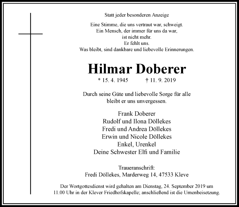  Traueranzeige für Hilmar Doberer vom 21.09.2019 aus Rheinische Post