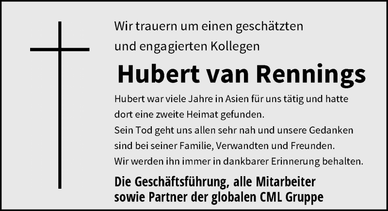  Traueranzeige für Hubert van Rennings vom 06.09.2019 aus Rheinische Post