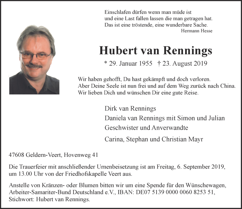  Traueranzeige für Hubert van Rennings vom 02.09.2019 aus Rheinische Post