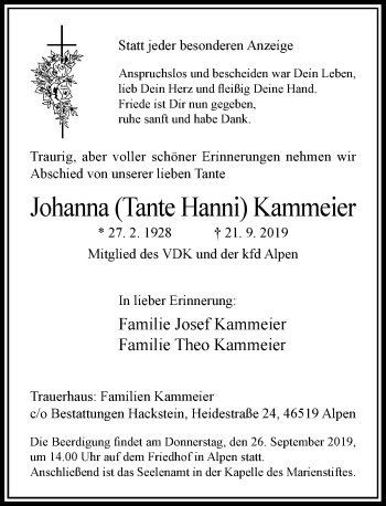 Traueranzeige von Johanna Kammeier von Rheinische Post