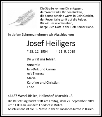 Traueranzeige von Josef Heiligers von Rheinische Post