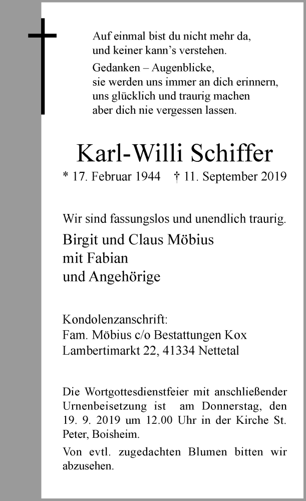 Traueranzeige für Karl-Willi Schiffer vom 14.09.2019 aus Rheinische Post