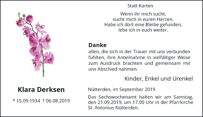  Traueranzeige für Klara Derksen vom 19.09.2019 aus Rheinische Post