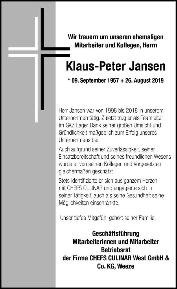  Traueranzeige für Klaus-Peter Jansen vom 10.09.2019 aus Rheinische Post