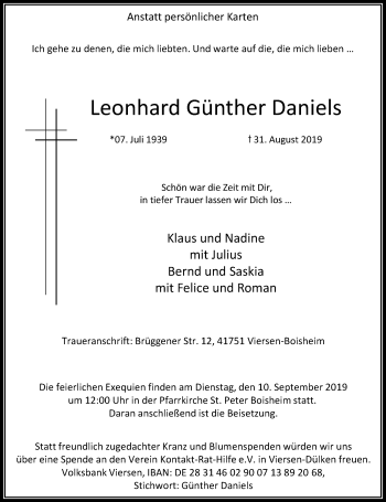 Traueranzeige von Leonhard Günther Daniels von Rheinische Post