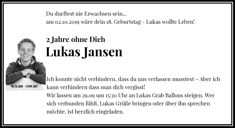  Traueranzeige für Lukas Jansen vom 28.09.2019 aus Rheinische Post