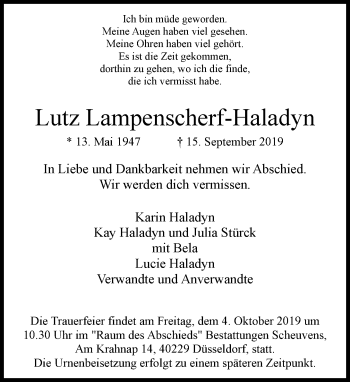 Traueranzeige von Lutz Lampenscherf-Haladyn von Rheinische Post