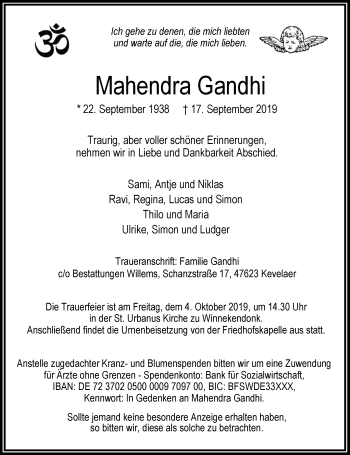 Traueranzeige von Mahendra Gandhi von Rheinische Post